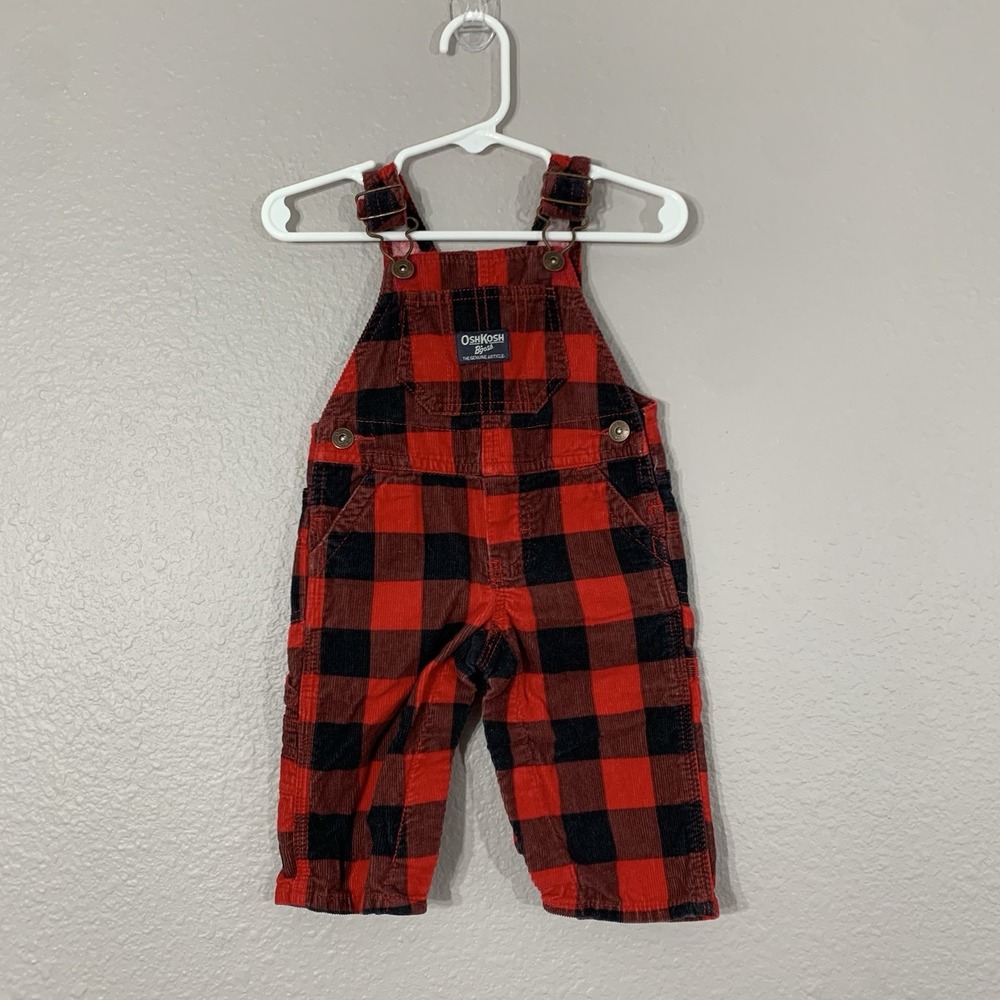 OshKosh B'gosh Vestbak Red Black Buffalo Plaid Corduroy Overalls Size 6 Months‎